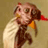 Pixelated static image of a cartoon character with brown hair, large eyes, and an orange collar against a beige background.