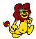Four pixelated lion figures with red manes and yellow bodies in different poses against a gray background.