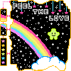 Black background with white stars, rainbow, clouds, green star, and 'FEEL THE LOVE' text; side with colored stars and dots