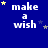 Blue background with white text 'make a wish' repeated in , yellow and gray stars scattered across the scene