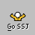 A 7-frame animated contact sheet of a yellow stick figure with white head performing actions under golden arches, labeled "Go SSTJ" in pixelated text below each frame.