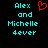 Pixelated cyan text reads "Alex and Michelle Dever" on black background with red heart symbol above "Alex".
