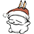 Pixelated cartoon character wearing Santa hat with brown trim and white pom-pom, two brown-and-black striped objects on top, closed eyes, and a small smile.
