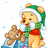 Pixelated cartoon bear in green elf hat and red scarf holds brown teddy bear against white background with blue snowflakes, red with green text "Merry Christmas"