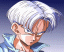Pixelated anime-style character with white hair, brown skin, and blue clothing against a gradient background.