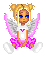 Pixel art character with blonde pigtails, blue eyes, white shirt with pink heart, purple skirt, and gray wings in two animated frames showing arm movement.