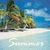 Pixelated beach scene with white sand, turquoise water, green trees, and blue sky with clouds.