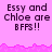 Pixelated text on pink background with repeating 'Essy and Chloe are BFFS!!' phrases, some frames show partial gray area replacing right section.