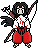 Pixel art character in red pants and white shirt with red accents holding a staff, displayed across multiple identical frames.