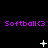 Purple 'Softball<3' text repeated across three above white pixelated symbols on a black background, with animation changes in symbol shapes and positions