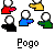 Pixelated cartoon figures with white heads and colored bodies in red, yellow, blue, green, black; four groups of five arranged on gray background with 'Pogo' text below each group.