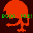 Pixelated red skull with orange hair, green text 'BOOO' and multiple exclamation marks on dark brown background.