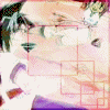 Anime-style character with dark hair and green eyes, wearing a white top with purple accents, positioned against a pinkish background with red lines and 'enter' text