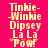 Yellow pixelated text on bright pink background reads Tinkie-Winkie Dipsey Laa Laa Pow! with orange asterisks below Laa Laa.