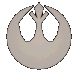 A circular icon with a stylized bird-like symbol inside, displayed in multiple grayscale variations showing different shades and orientations.