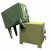 Animated sequence of a green cartoon character with four legs and a square head, leaning over a beige rectangular object on white background.