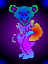 A dancing bear icon with multiple color variations and background styles, including purple gradient, rainbow spiral, pixelated pattern, and solid blue.