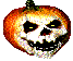 Four pixelated pumpkin faces with orange and yellow gradients, green stems, white skulls, black eyes, and varying mouth expressions on a gray background.