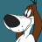 Pixelated cartoon dog head with brown ears, white face, and black nose against teal background.