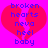 A static pixel art image with a bright pink background, featuring a large red broken heart shape and blue text reading "broken hearts neva heel baby".