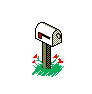 Four pixel-art mailboxes on a gray background, each with green grass and red flowers, showing different states of the mailbox door and flag.
