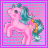 Pixelated pink pony with teal mane and tail in a 2x2 contact sheet of three animated frames showing subtle pose changes against a checkered background.