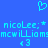 Blue background with cyan pixelated text and symbols including 'nicolee:*', 'mcwilliams', a heart, and '3' repeated twice.