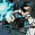 Pixelated character with dark hair and sunglasses, wearing a white jacket over dark clothing, holding an object near the face against a blue-toned background.