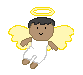 Pixelated angel icon with brown skin, black hair, white clothing, yellow wings and halo; left pose shows arms extended forward, right pose shows arms at sides.