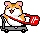 Pixel art of a hamster-like character in a shopping cart with red and white striped bag, showing two sequential poses.