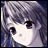 Pixelated anime-style character with short gray hair, dark eyes with purple highlights, and a neutral expression against a blue background.