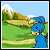 Animated sequence showing a blue character observing purple mechanical objects moving across a landscape with mountains and trees.