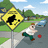 Yellow diamond-shaped road sign with black cow silhouette, man in white shirt and green pants running on sidewalk, red ball on street, blue car in background, green trees and blue sky.