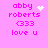 Pixelated pink background with text 'abby roberts (333 love u' and animated white symbols changing between heart, starburst, and dots.
