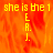 Yellow pixelated text on an orange flame-like background with a gray rectangle in the bottom right corner.