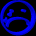 Blue pixelated circular icon with sad expression showing three sequential views of head rotation against black background.