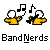 Pixel art of two yellow-shirted figures with white circular heads, one holding a musical note, the other with a question mark, above text reading BandNerds.