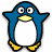 Pixelated blue penguin with yellow beak and feet, white belly, large round eyes, black outline, static image on white background.