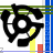 identical black and white circular icons with yellow and red accents, each featuring a central circle surrounded by three curved black segments, arranged in and with blue vertical bars labeled 'STEREO' between
