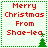 Four identical pixel-art display "Merry Christmas From Shoe-lea" text with green tree icons, each bordered by dotted lines on a light background