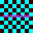 Pixelated cyan and dark brown checkered background with pink text and cyan overlays in two positions
