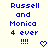 Blue pixelated text on a light background reads "Russell and Monica 4 ever !!!!" with two heart symbols below, one solid and one outlined.