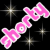 Pink text spelling 'shorty' in a stylized font with white outlines, set against a black background with multiple starburst effects.
