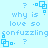 Light blue background with repeated text 'why is love so confuzzling' and pixelated question mark icons in a pattern