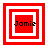 Four red and white square frames with the name 'Jamie' in black pixelated text, each frame showing a different layered configuration of nested squares.