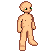 Pixelated figure with light skin tone, brown hair outline, green eyes with white highlights, standing in a neutral pose against gray background.