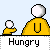 Pixel art animation of a yellow figure with white head interacting in multiple states: speaking, eating, and gesturing.