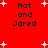 Red background with white starbursts and black text reading "Nat and Jared" in four identical quadrants.