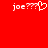 Red background with white pixelated text 'joe????' and a heart symbol on the left, and 'joe????' alone on the right.