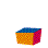 A green spherical character with yellow eyes and an orange mouth emerges from an orange-and-red checkered box with blue flaps, transitioning through multiple states of opening and closing.